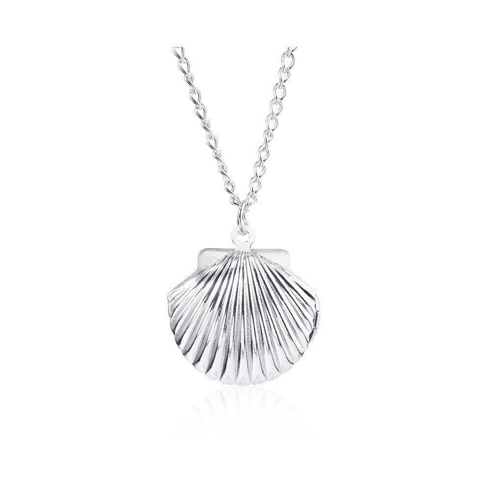 (White) Mini Minimalist Openable Shell Photo Frame Metal Necklace For And Girls Women