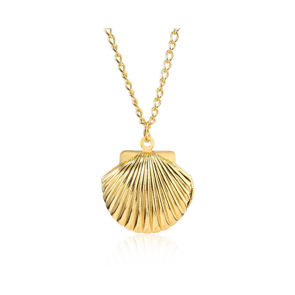 (Gold) Mini Minimalist Openable Shell Photo Frame Metal Necklace For And Girls Women