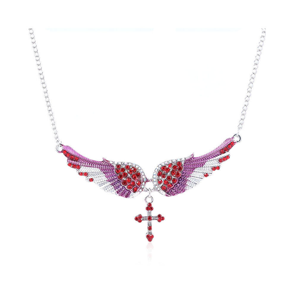 (Pink) Diamond Simulated Decorated Angel Wing Cross Pendant For Necklace Ladies