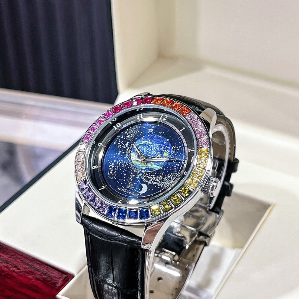 Luxury Brand Mechanical Watch For Men Rotating Star Dial Rainbow Case Automatic Watches Leather Strap Wristwatch