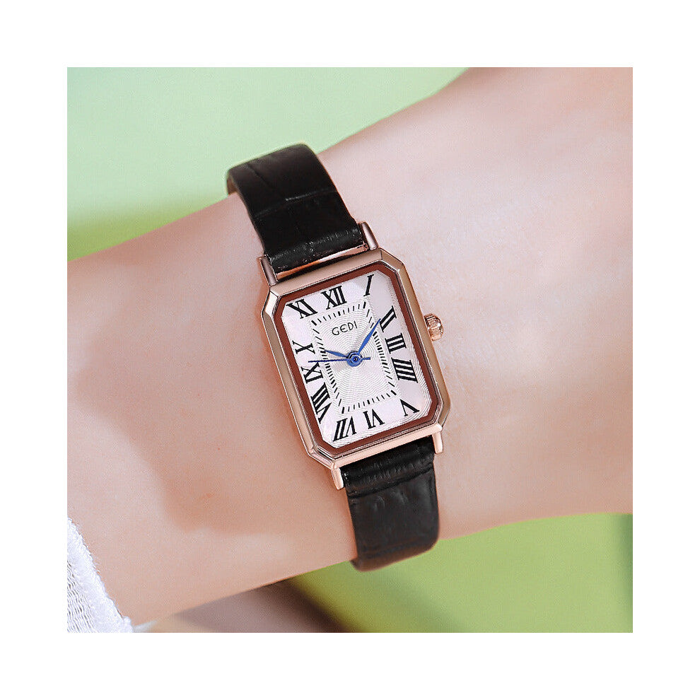 Rose Gold Case White Dial And Black Strap Ladies Quartz Watch Classic Rectangular Leather Band Watches