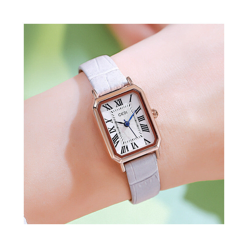 Rose Gold Case White Dial Grey Strap Ladies Quartz Watch Classic Rectangular Leather Band Watches