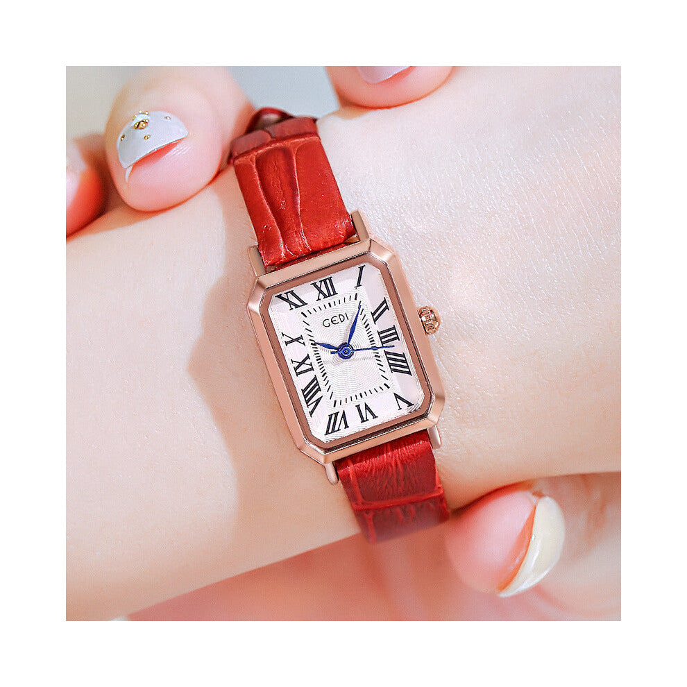 Rose Gold Case White Plate Red Belt Ladies Quartz Watch Classic Rectangular Leather Band Watches