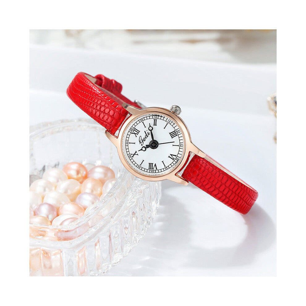 Rose Gold Shell White Plate Delicate Women's Watch 20Mm Roman Numeral Dial Red Leather Strap Watches