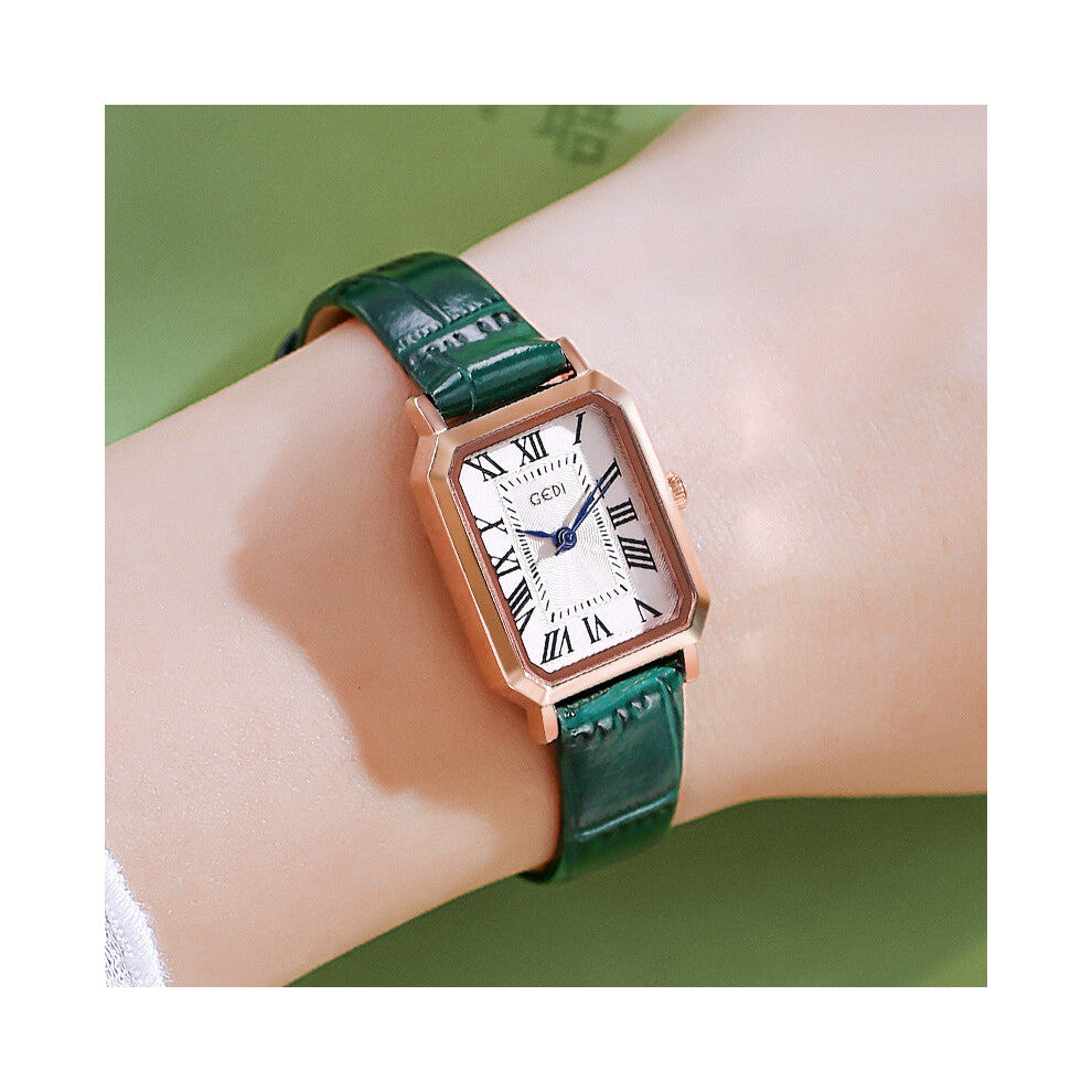 Rose Gold Shell White Plate Green Strap Ladies Quartz Watch Classic Rectangular Leather Band Watches