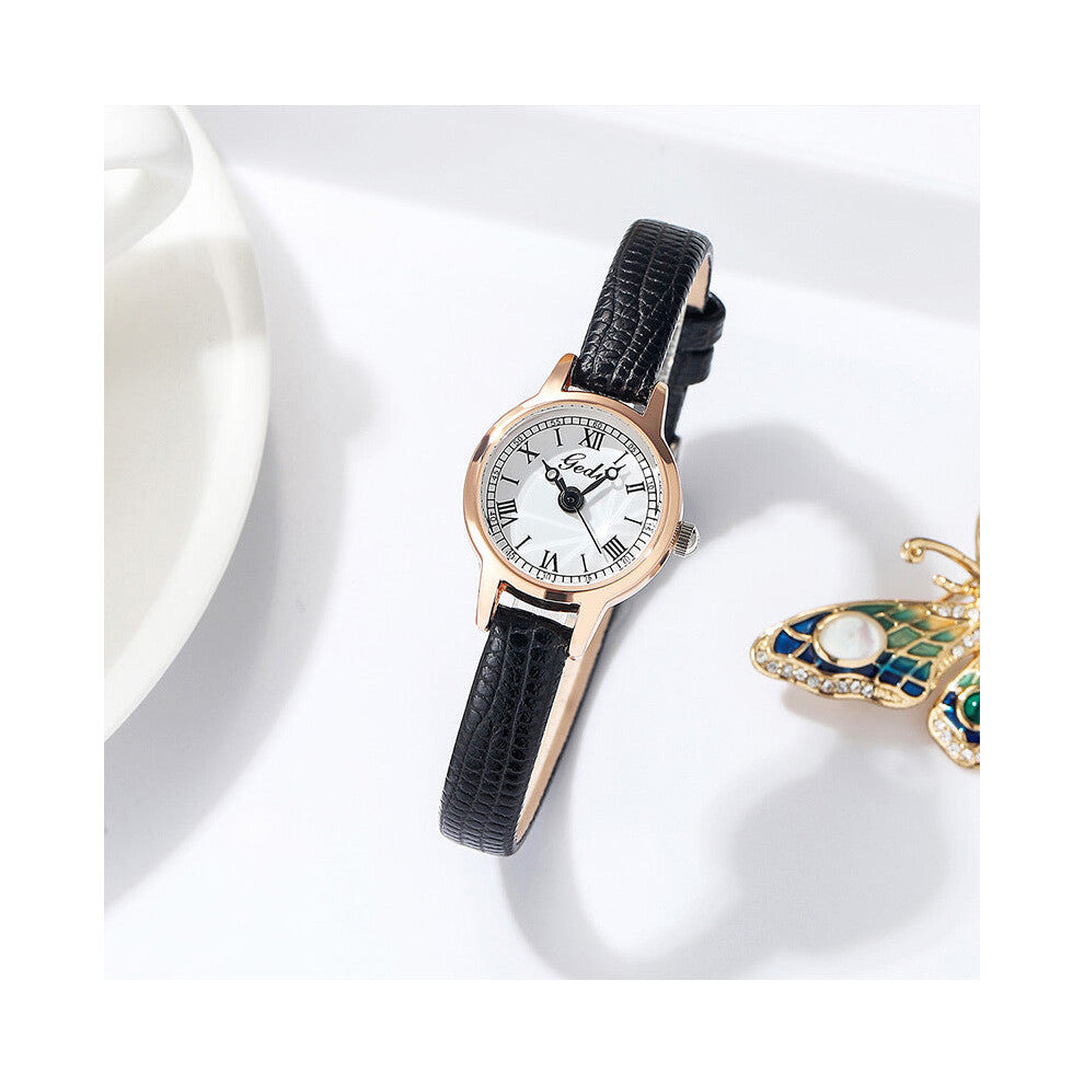 Rose Gold Shell White Plate Black Strap Delicate Women's Watch 20Mm Roman Numeral Dial Leather Watches