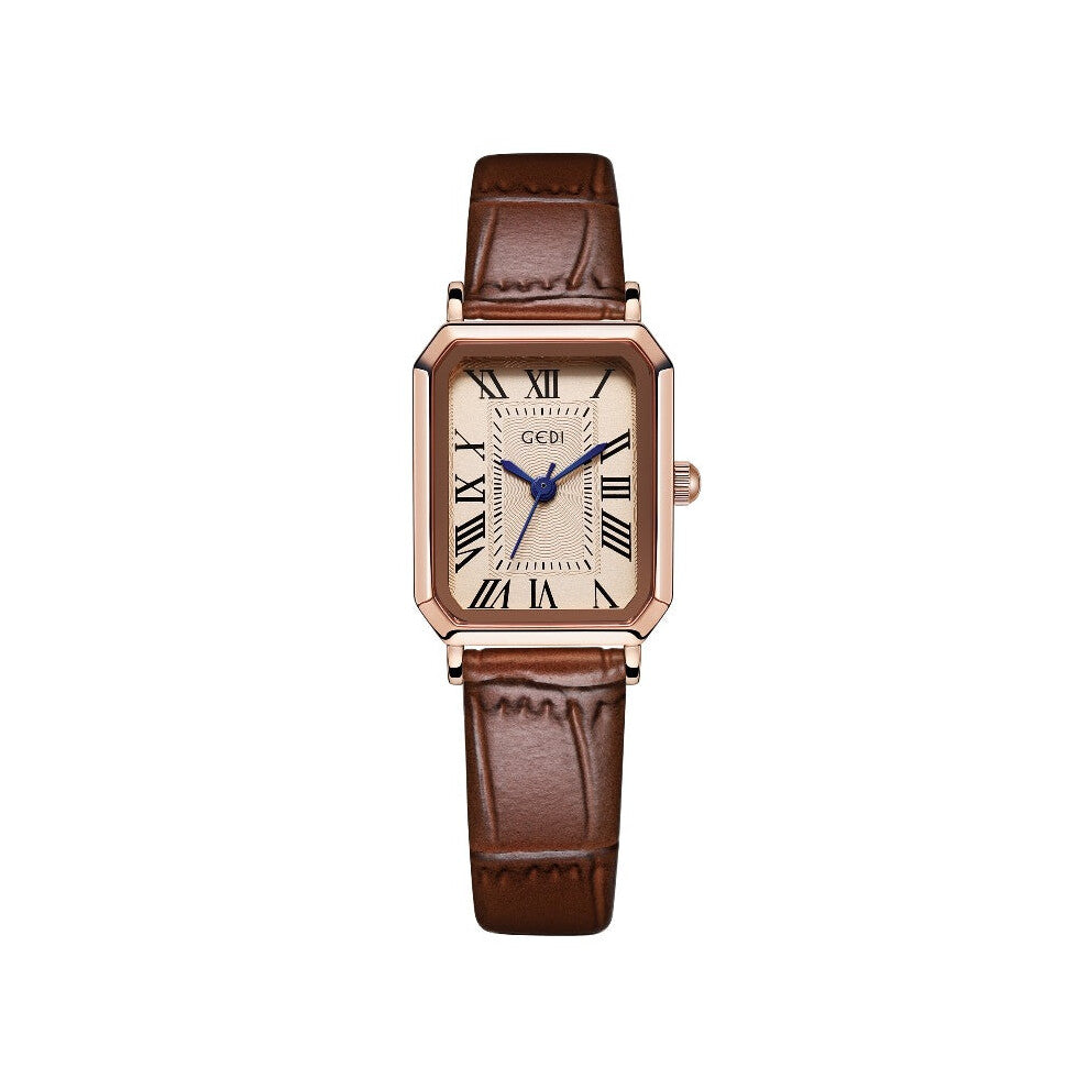 Rose Gold Shell Coffee Strap Ladies Quartz Watch Classic Rectangular Leather Band Watches