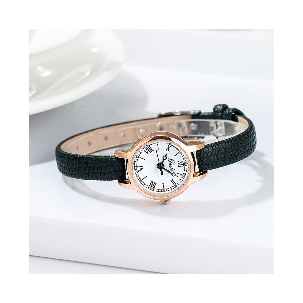 Rose Gold Shell White Plate Delicate Women's Watch 20Mm Roman Numeral Dial Black Leather Strap Watches