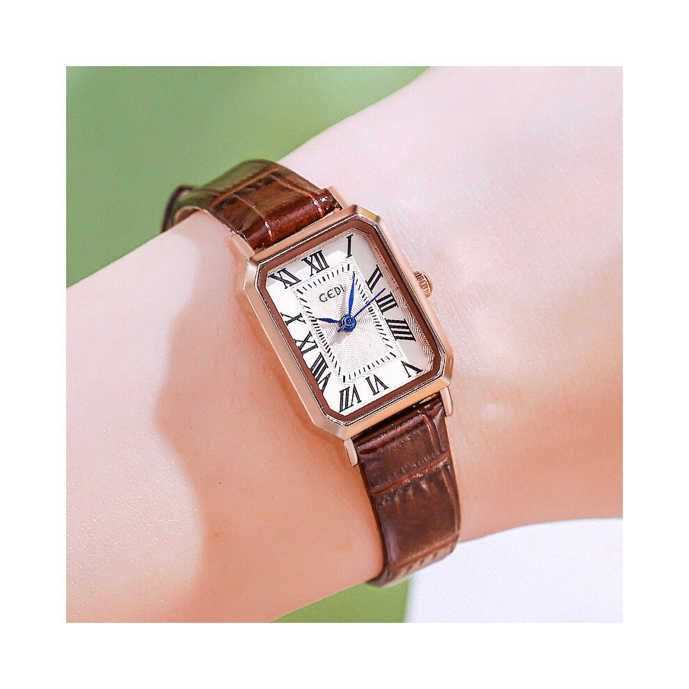 Rose Gold Shell White Plate And Coffee Strap Ladies Quartz Watch Classic Rectangular Leather Band Watches