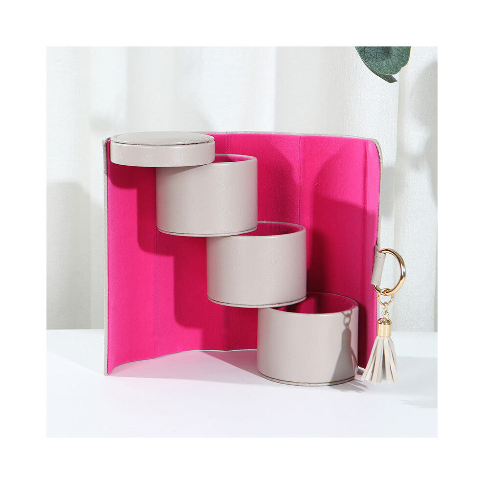 Beige And Pink Elegant 3 Tier Cylindrical Travel Jewellery Box Pu Leather Organizer For Rings Earrings Necklaces With Tassel Charm Jewellery Holders &