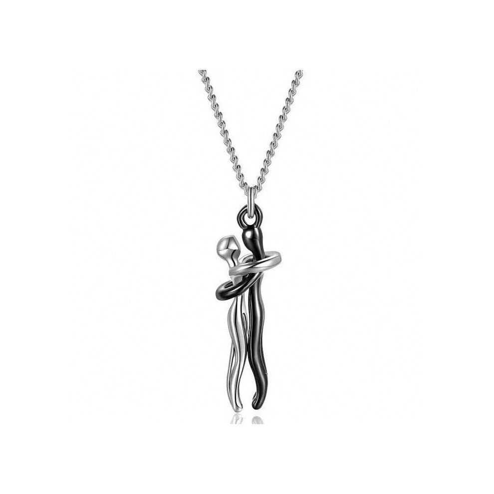 (Small 3cm black + white + silver chain) Personalized hug necklace creative boy and girl hug couple pendant necklace female