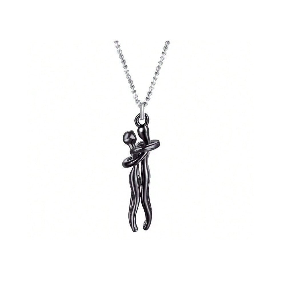 (Small 3cm black + black + silver chain) Personalized hug necklace creative boy and girl hug couple pendant necklace female