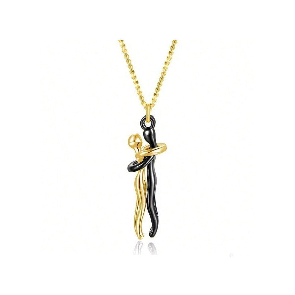 (Small 3cm black + gold + gold chain) Personalized hug necklace creative boy and girl hug couple pendant necklace female