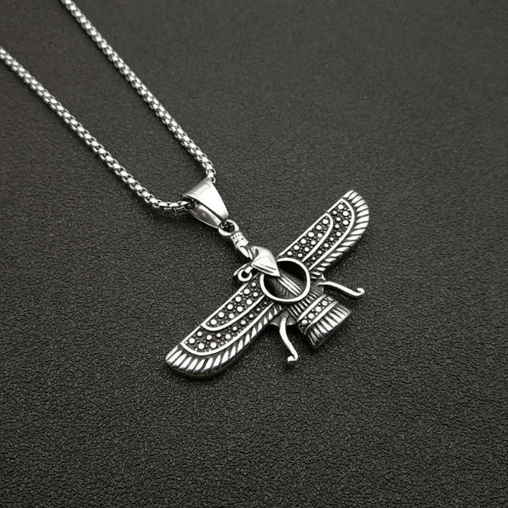 Persian Iran Farvahar Zoroastrian Wing stainless steel Pendant Necklace for Men Vintage Persia Faravahar Pahlavi Male Jewelry