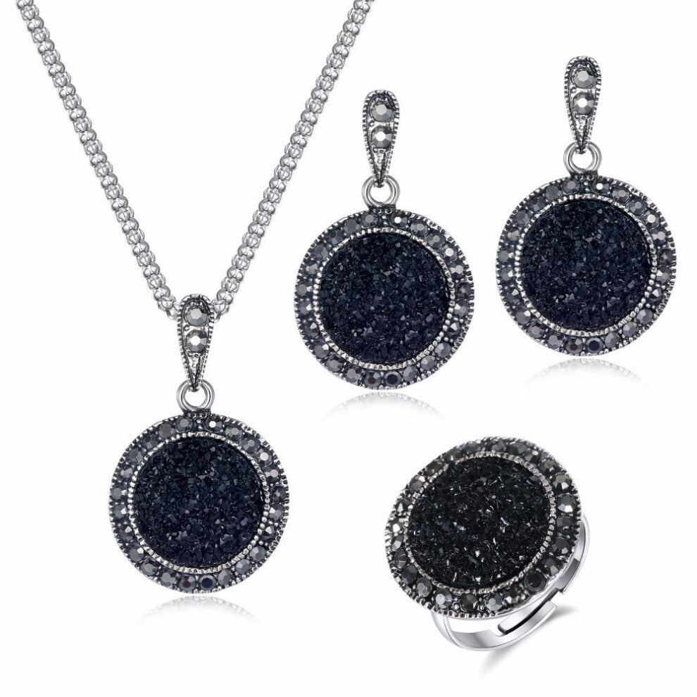 Jewellery Set For Women Black Jewelry Set Drusy Rhinestone Pendant Necklace Earrings Ring Elegant Design Birthday Anniversary 4Pcs