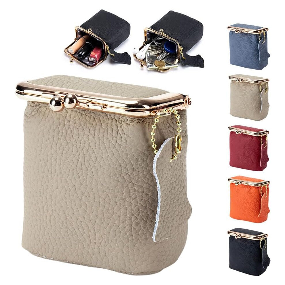 (Beige) Genuine Leather Mini Jewelry Box, Women's Coin Purse Kiss Lock Change Pouch, Mini Travel Ring Box for Earring-Ring-Necklace-Bracelet (Blue)