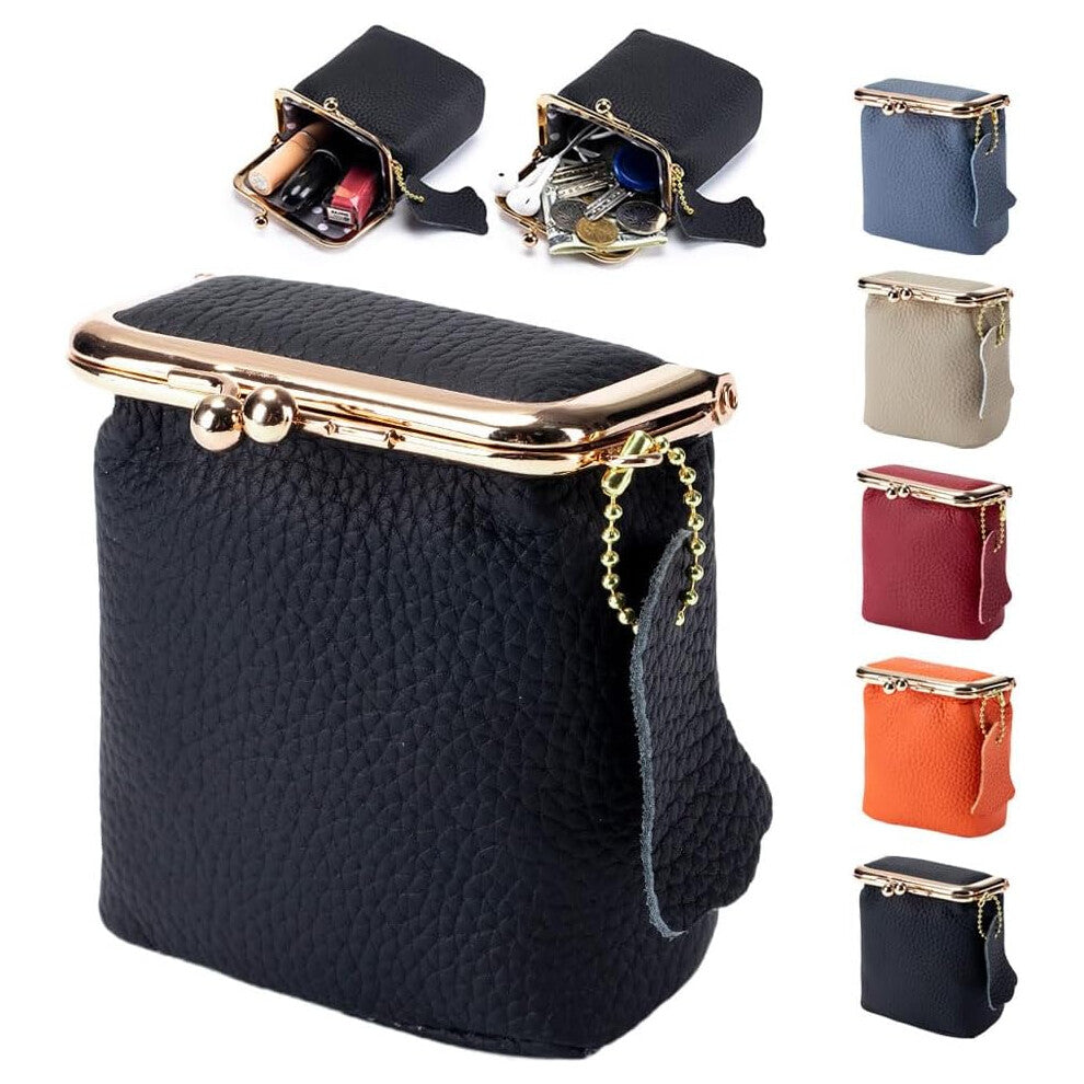 (Black) Genuine Leather Mini Jewelry Box, Women's Coin Purse Kiss Lock Change Pouch, Mini Travel Ring Box for Earring-Ring-Necklace-Bracelet (Blue)