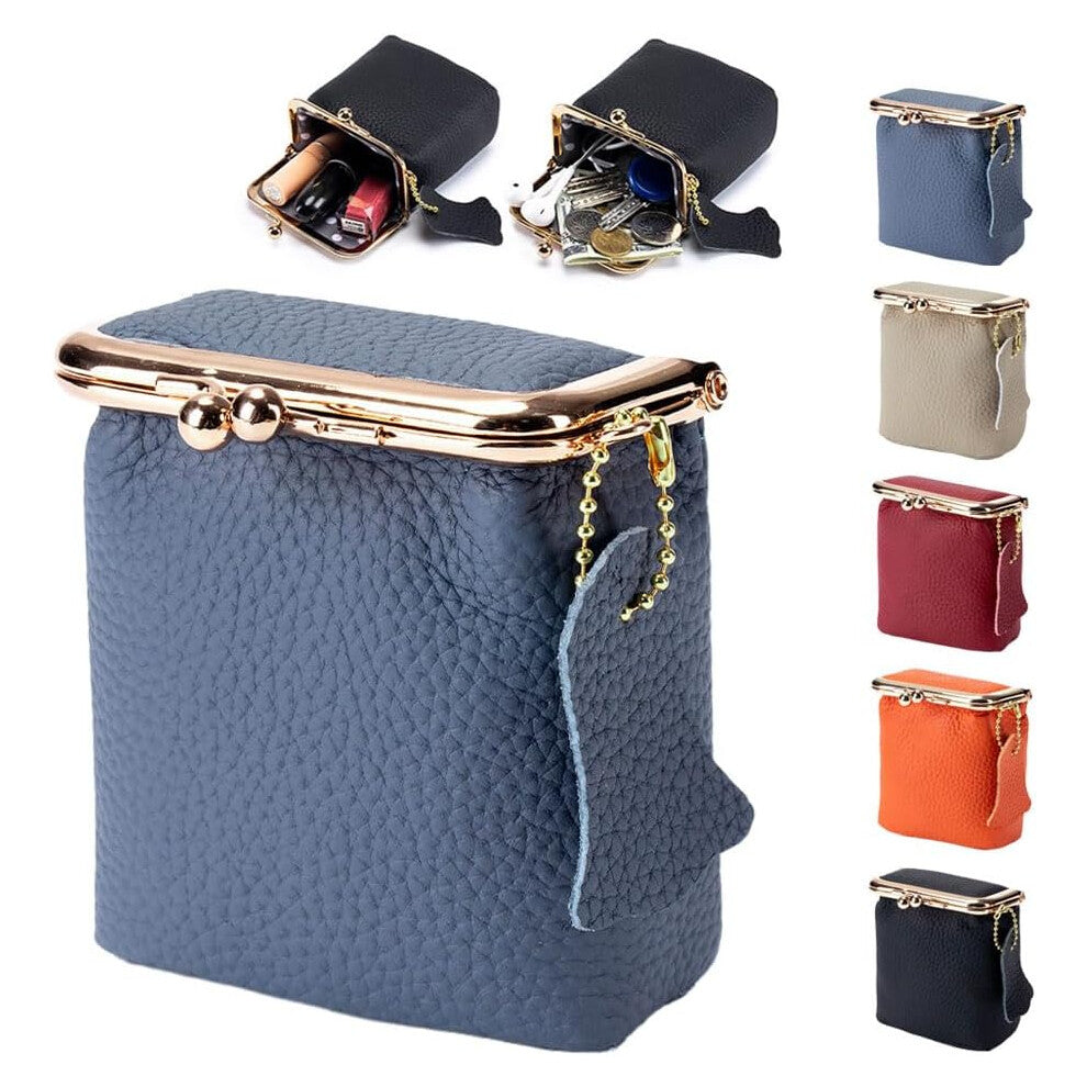 (Blue) Genuine Leather Mini Jewelry Box, Women's Coin Purse Kiss Lock Change Pouch, Mini Travel Ring Box for Earring-Ring-Necklace-Bracelet (Blue)