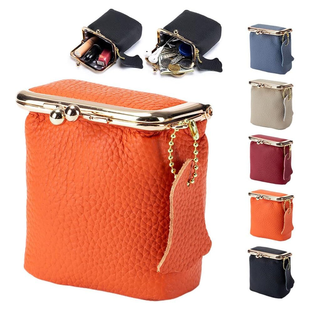 (Orange) Genuine Leather Mini Jewelry Box, Women's Coin Purse Kiss Lock Change Pouch, Mini Travel Ring Box for Earring-Ring-Necklace-Bracelet (Blue)