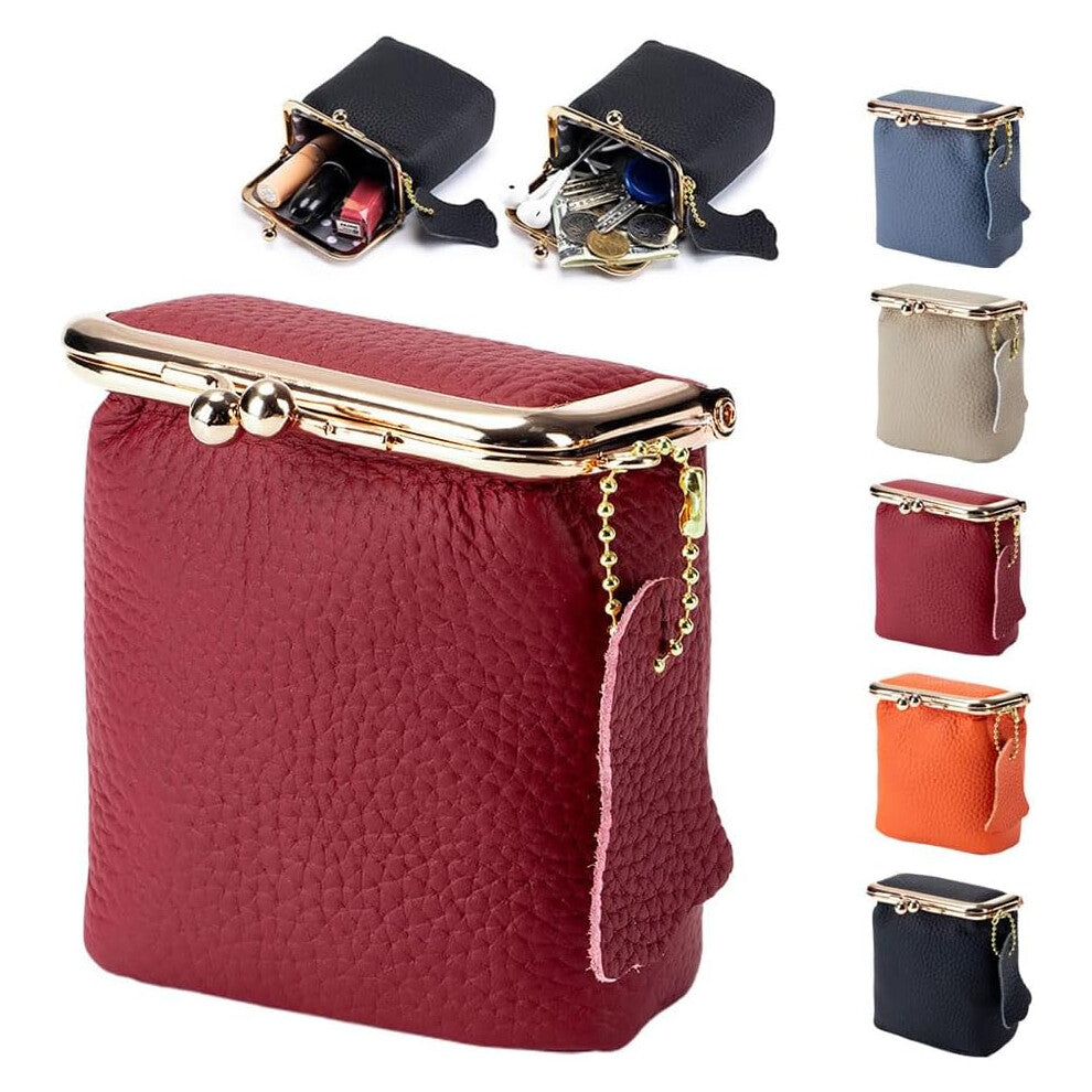 (Red) Genuine Leather Mini Jewelry Box, Women's Coin Purse Kiss Lock Change Pouch, Mini Travel Ring Box for Earring-Ring-Necklace-Bracelet (Blue)