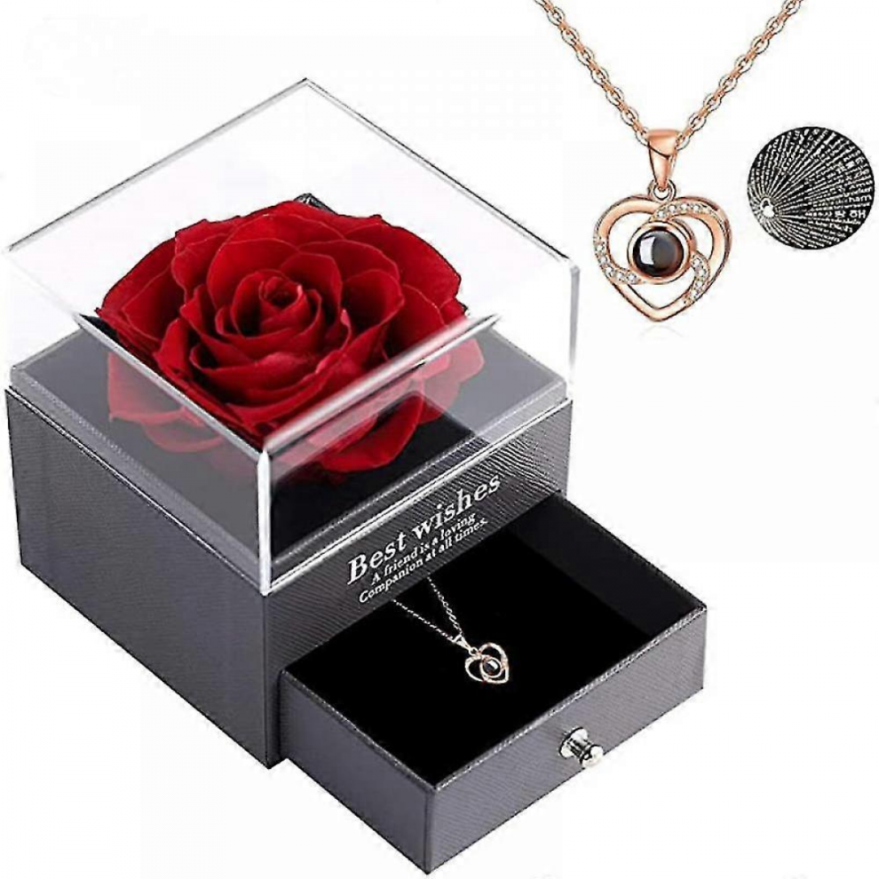 Forever Rose With I Love You Heart Necklace 100 Languages Projection, Birthday Gifts For Girlfriend Wife Mom Grandma, Eternal Rose