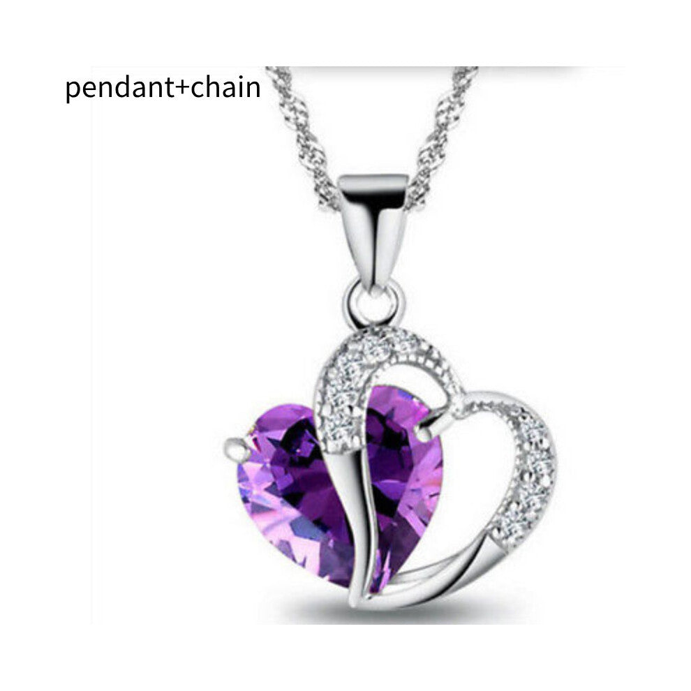 (Purple) Zircon Shaped Heart Necklace Collarbone Chain For Women Wedding Trendy Pendant