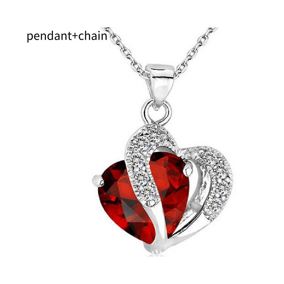 (Red) Zircon Shaped Heart Necklace Collarbone Chain For Women Wedding Trendy Pendant