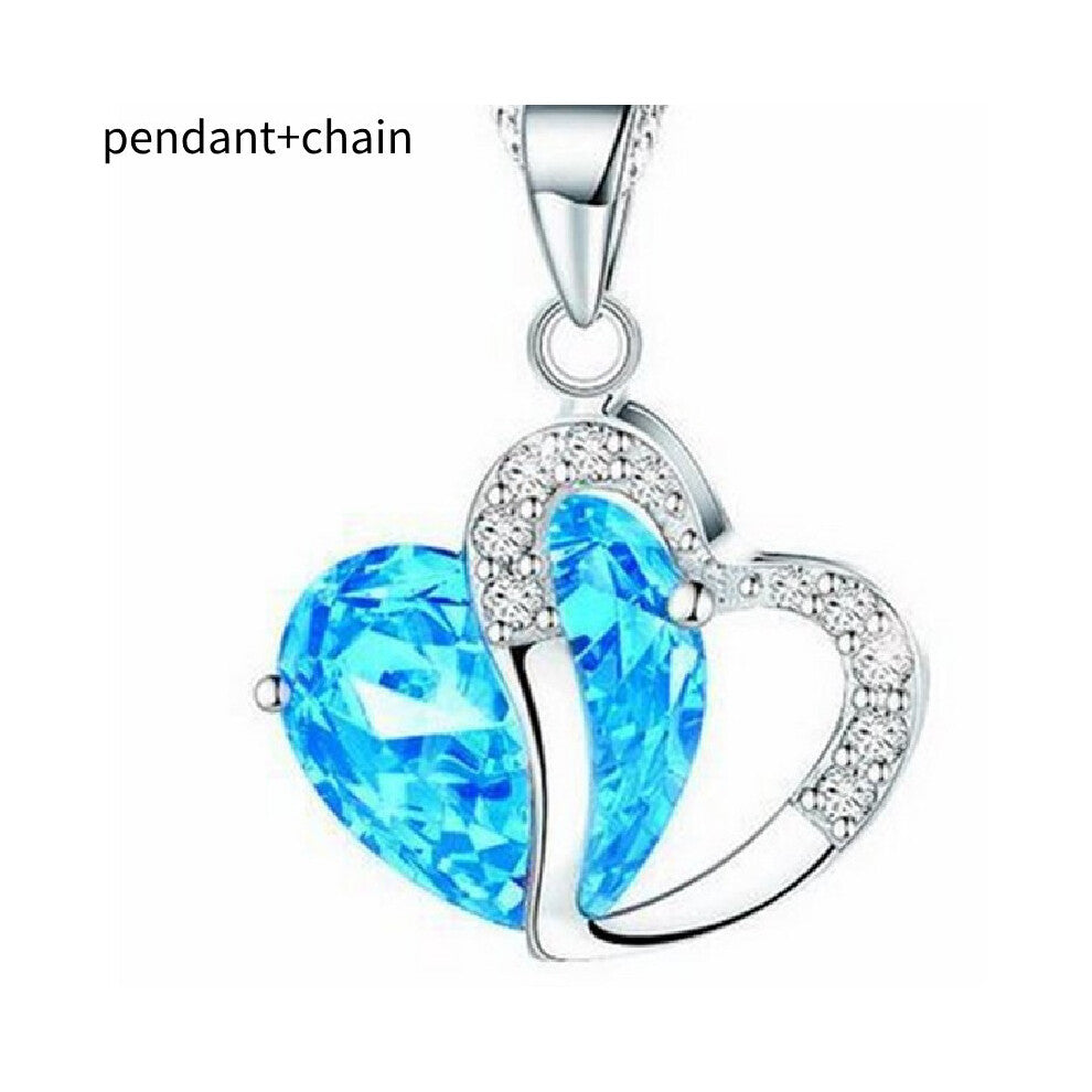 (Light Blue) Zircon Shaped Heart Necklace Collarbone Chain For Women Wedding Trendy Pendant