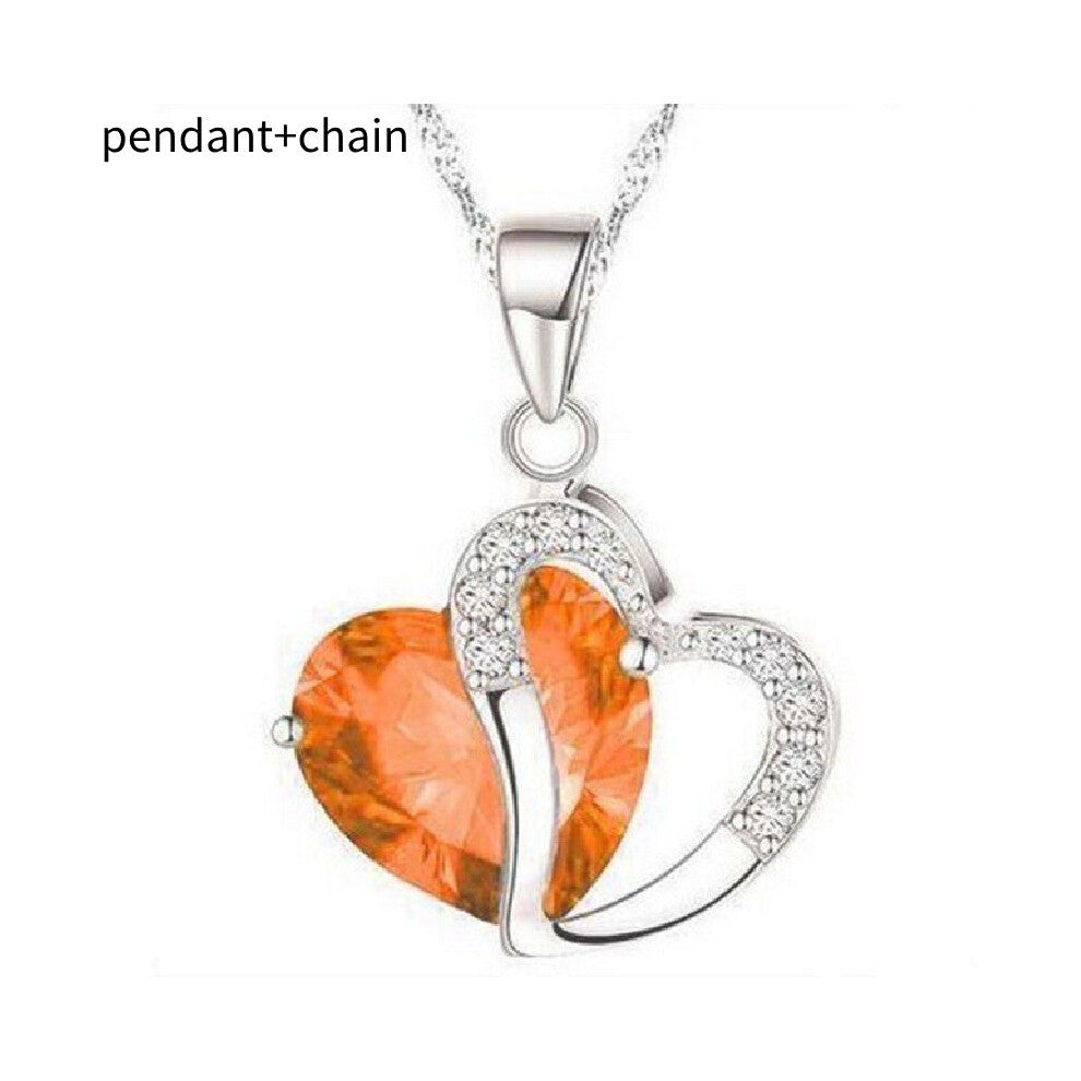 (Orange) Zircon Shaped Heart Necklace Collarbone Chain For Women Wedding Trendy Pendant