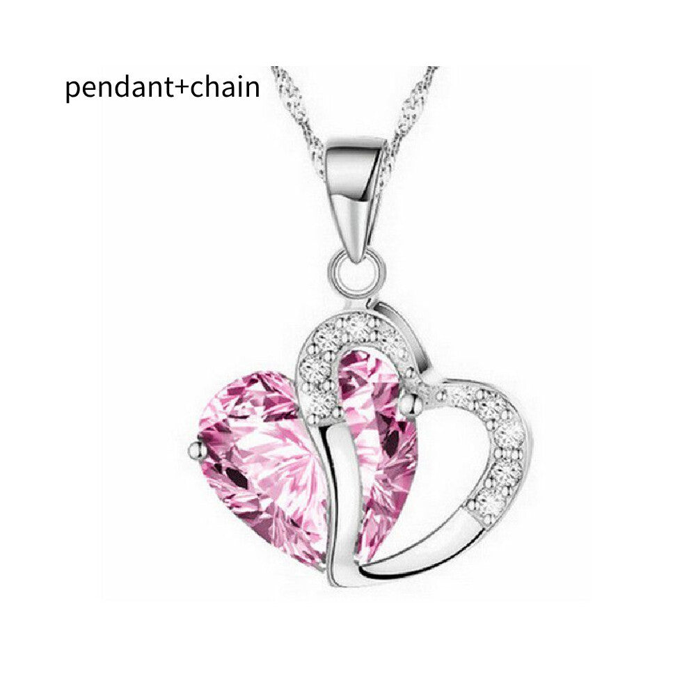 (Pink) Zircon Shaped Heart Necklace Collarbone Chain For Women Wedding Trendy Pendant