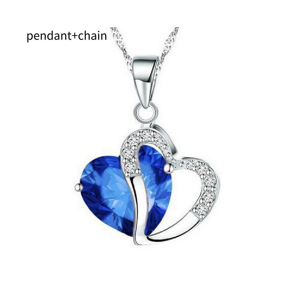 (Royal Blue) Zircon Shaped Heart Necklace Collarbone Chain For Women Wedding Trendy Pendant