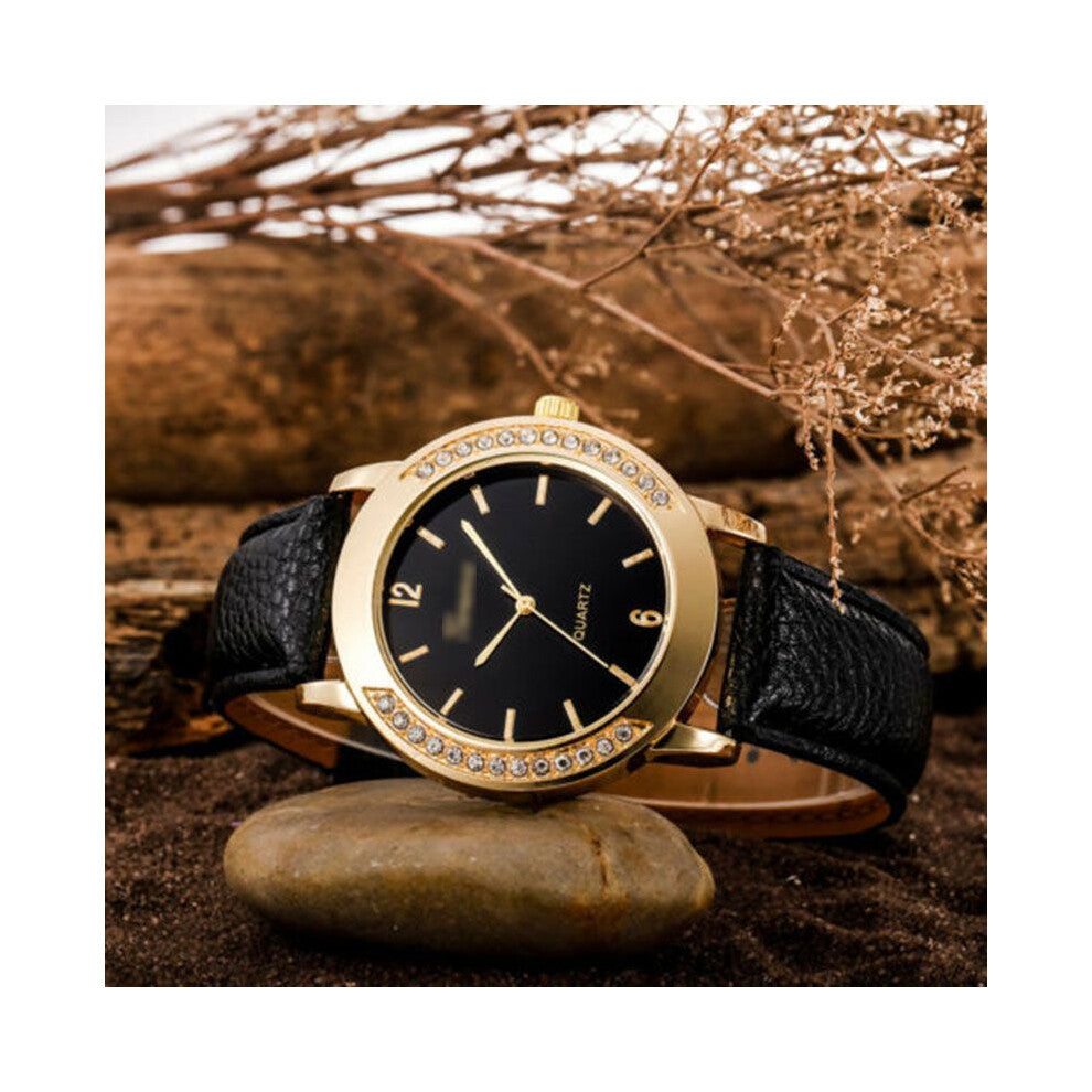 (Black) Fashion Women Crystal Artificial Leather Quartz Analog Luxury Wrist Watches