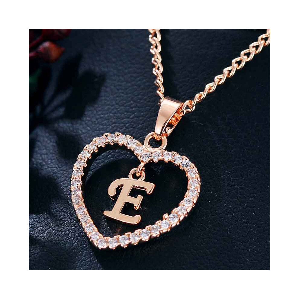 (Rose gold E) Heart Letters 26 Love Crystal Women Silver Plated Chain Necklace Jewelry