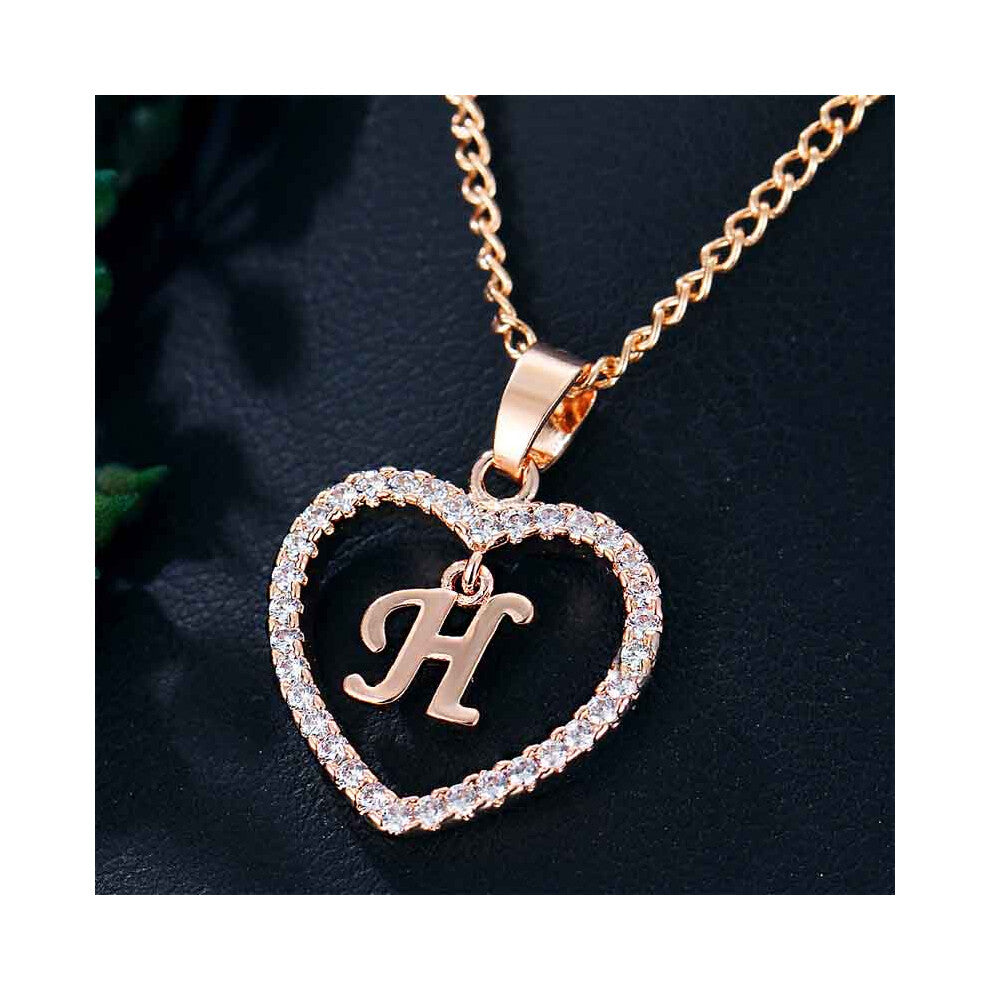 (Rose gold H) Heart Letters 26 Love Crystal Women Silver Plated Chain Necklace Jewelry
