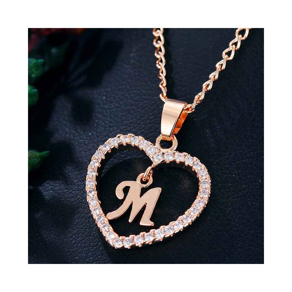 (Rose gold M) Heart Letters 26 Love Crystal Women Silver Plated Chain Necklace Jewelry