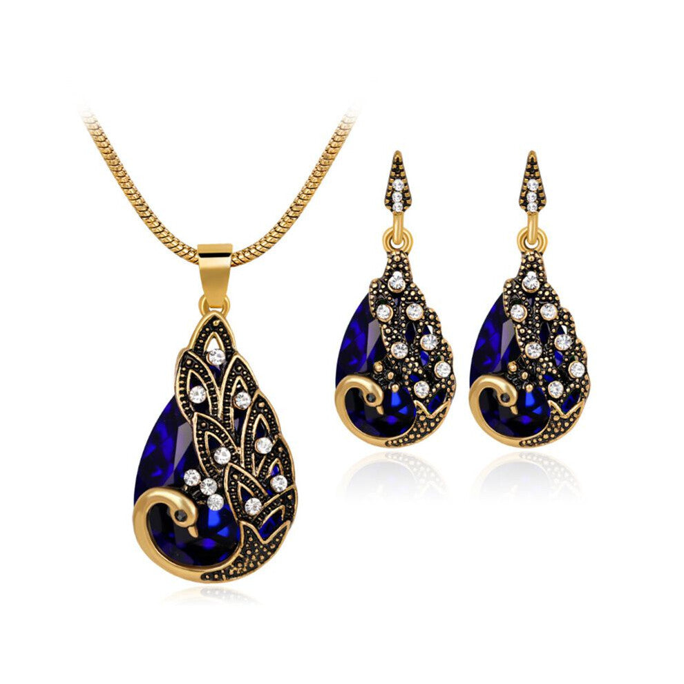 (Blue) Exquisite Christmas Waterdrop Blue Zircon Peacock Pendant Earring Necklace And