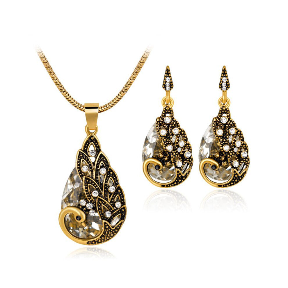 (Champagne) Exquisite Christmas Waterdrop Blue Zircon Peacock Pendant Earring Necklace And