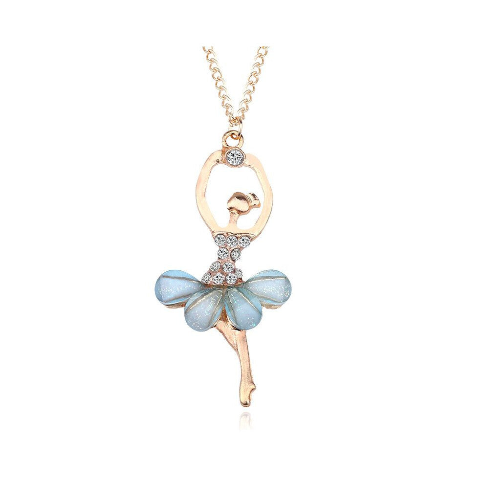 (Blue) Crystal Gold Fashion Plated Ballet Dance Girl Angel Dancing Dancer Necklace