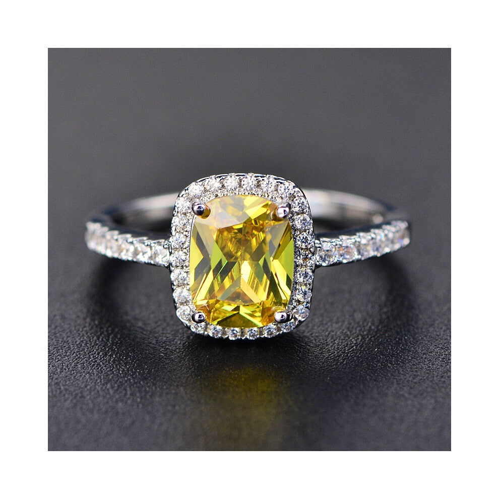 (Yellow, 10) Shinning Women Silver Plated Zircon Big Square Finger Wedding Ring Engagement