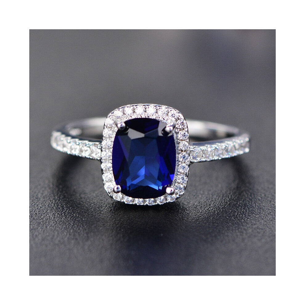 (Blue, 5) Shinning Women Silver Plated Zircon Big Square Finger Wedding Ring Engagement