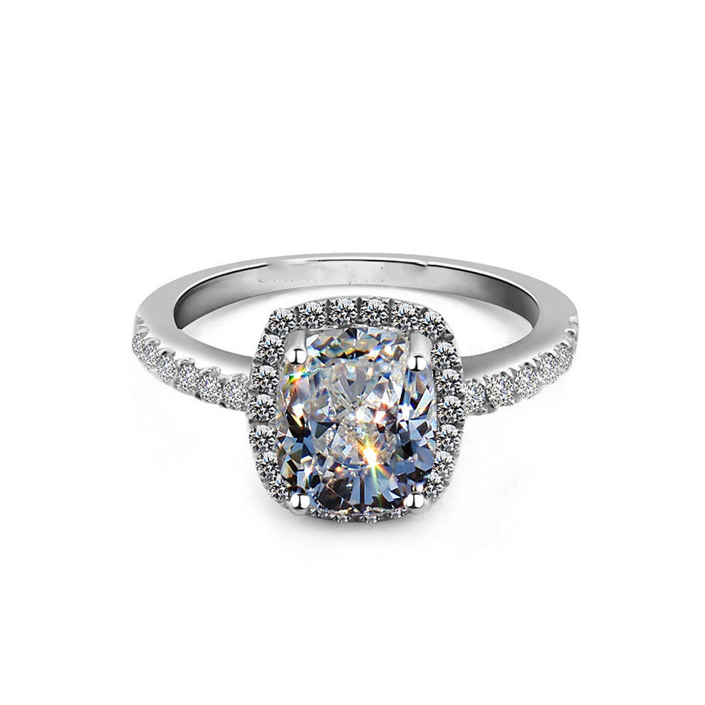 (White, 7) Shinning Women Silver Plated Zircon Big Square Finger Wedding Ring Engagement