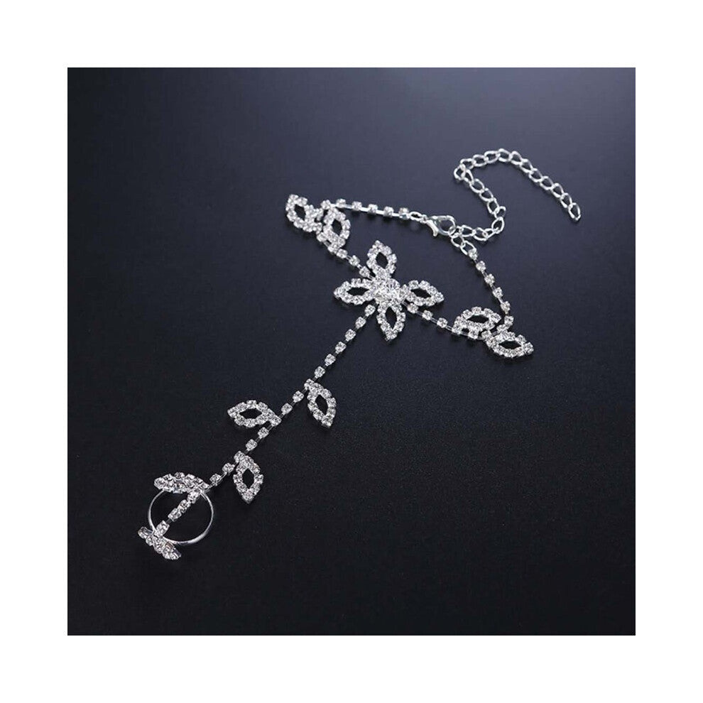 Glitter Vintage Rhinestone Leaf Flower Hand Harness Chain Slave Bracelet