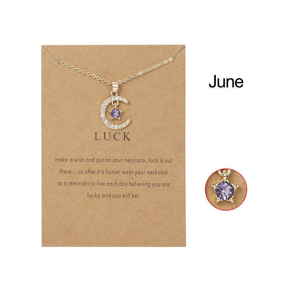 (June) Cubic Gold 18k Zirconia Birthstone Moon Pendant Necklace For Accessories Women
