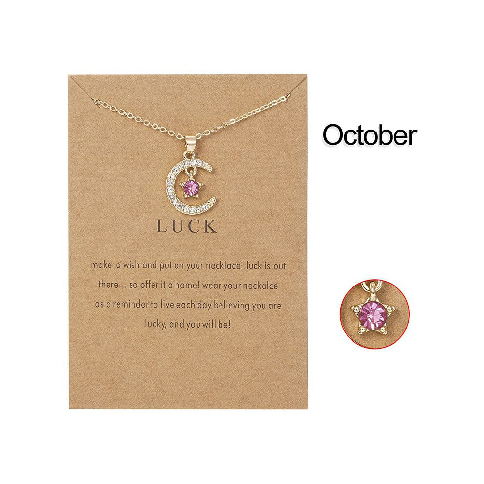 (October) Cubic Gold 18k Zirconia Birthstone Moon Pendant Necklace For Accessories Women