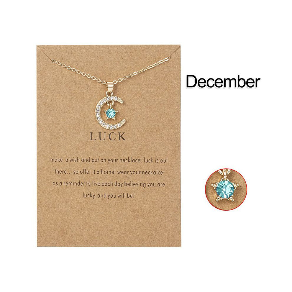 (December) Cubic Gold 18k Zirconia Birthstone Moon Pendant Necklace For Accessories Women