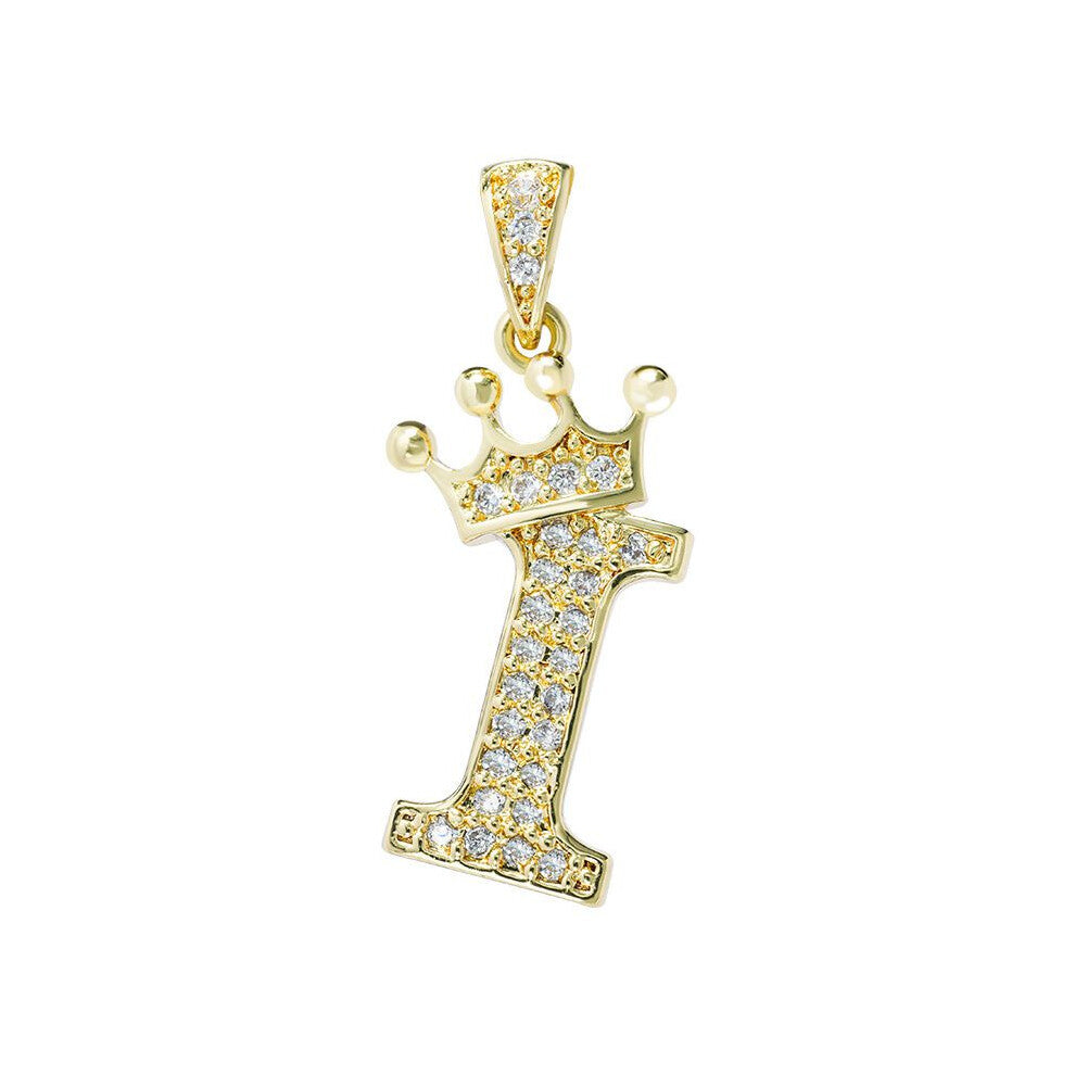 (I) Crown Alphabet Az Initials Letter Pendant Necklace Gold Jewelry Chain Gift