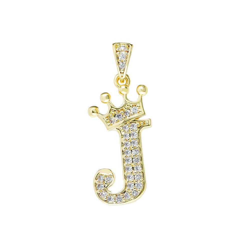 (J) Crown Alphabet Az Initials Letter Pendant Necklace Gold Jewelry Chain Gift