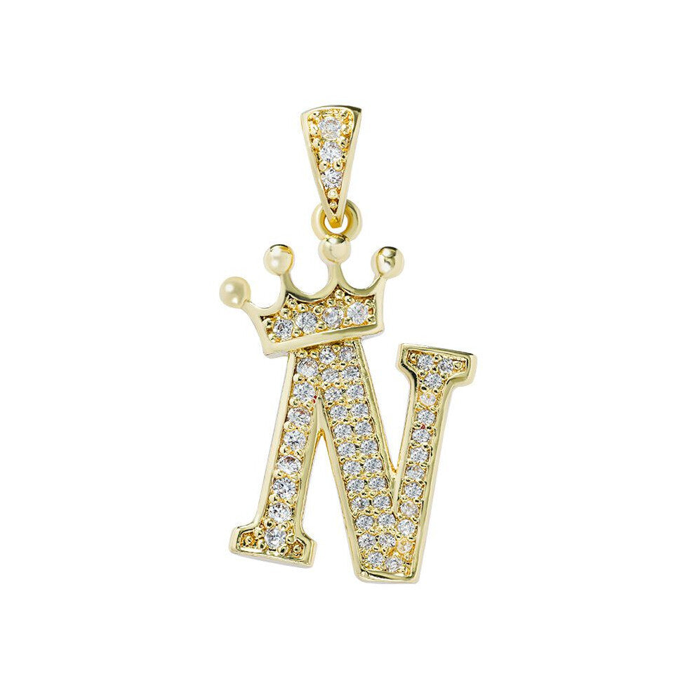 (N) Crown Alphabet Az Initials Letter Pendant Necklace Gold Jewelry Chain Gift