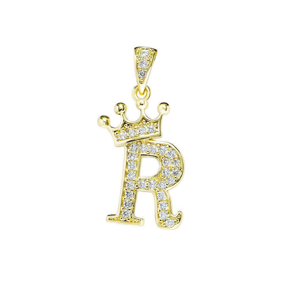 (R) Crown Alphabet Az Initials Letter Pendant Necklace Gold Jewelry Chain Gift