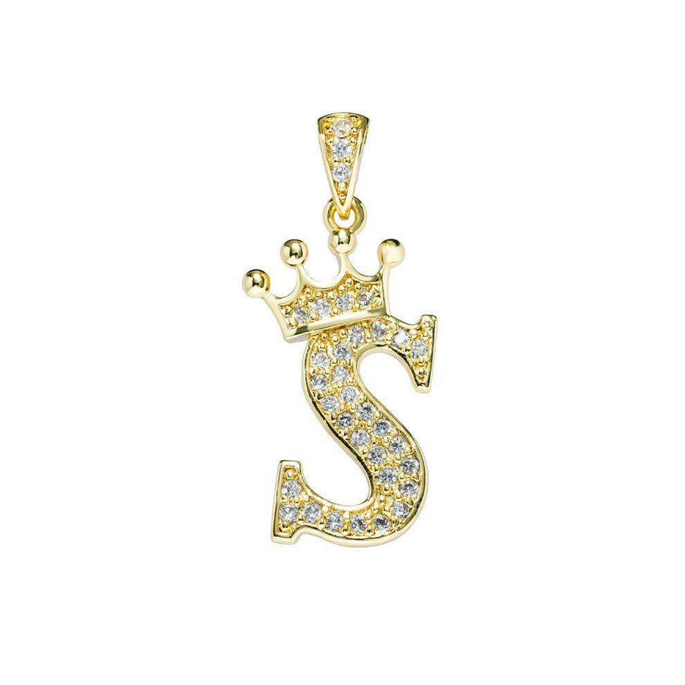 (S) Crown Alphabet Az Initials Letter Pendant Necklace Gold Jewelry Chain Gift
